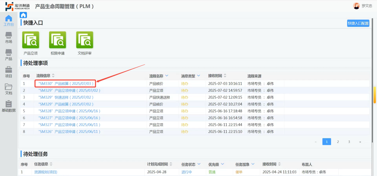 zeroPLM 个人工作台待办与项目任务界面